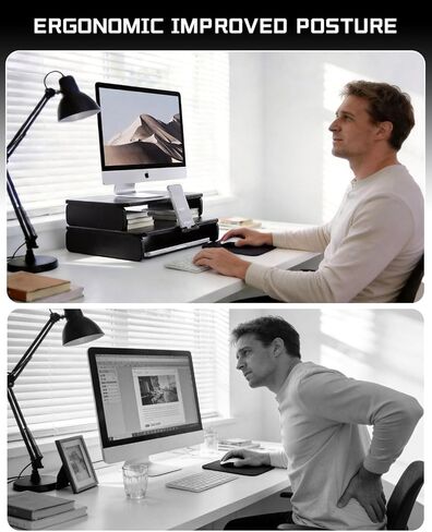 Dual-Layer Monitor Stand Riser, 2-Tier Ergonomic Desk Organizer with Hidden Phone Holder & Cable Management, Multi-use Desk Stand for Computer, Laptop, Office Supplies, Black in Kuwait