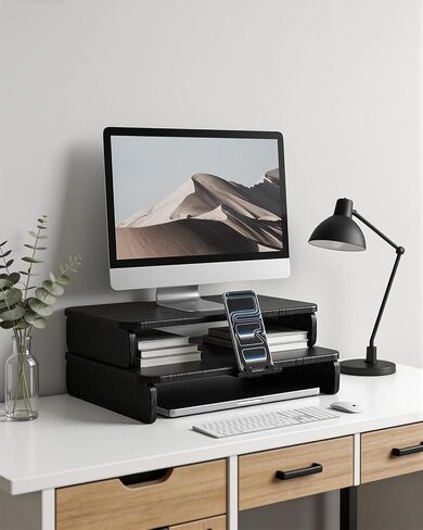 Dual-Layer Monitor Stand Riser, 2-Tier Ergonomic Desk Organizer with Hidden Phone Holder & Cable Management, Multi-use Desk Stand for Computer, Laptop, Office Supplies, Black in Kuwait