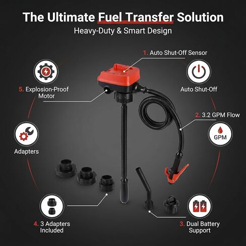 Cordless Fuel Transfer Pump 3.7 GPM, Battery Powered Gas Pump for Gas Can Compatible with DeWalt 20V & Milwaukee 18V, Auto-Stop, 3 Adapters for Gasoline Diesel Oil Transfer (Bare Tool) in Kuwait
