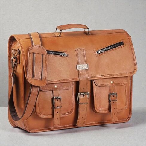 Genuine Leather Messenger Bag for Men & Women | Vintage Brown Office Laptop Briefcase with Multiple Pockets | Handmade Leather Satchel for Work, Business, Travel & College in Saudi Arabia