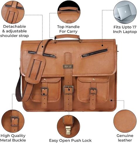 Genuine Leather Messenger Bag for Men & Women | Vintage Brown Office Laptop Briefcase with Multiple Pockets | Handmade Leather Satchel for Work, Business, Travel & College in Saudi Arabia
