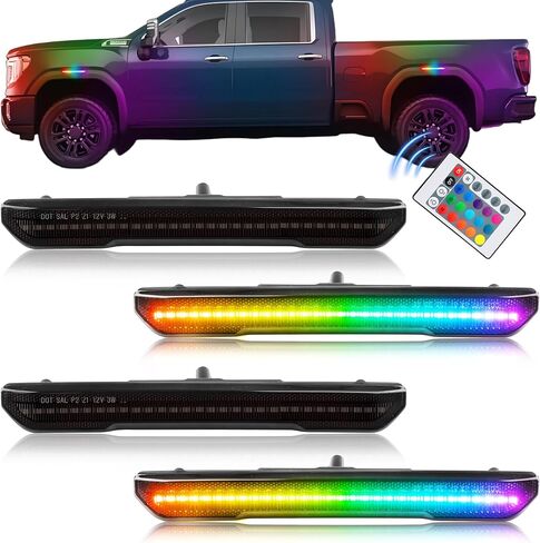 مصابيح علامة جانبية LED RGB كاملة لـ 2020-2025 GMC Sierra 2500HD 3500HD، [4 أوضاع 16 لونًا] مصابيح علامة جانبية RGB متعددة الألوان، مجموعة عدسات مدخنة أمامية وخلفية مع جهاز تحكم عن بعد 24 مفتاحًا، 4 قطع in Kuwait