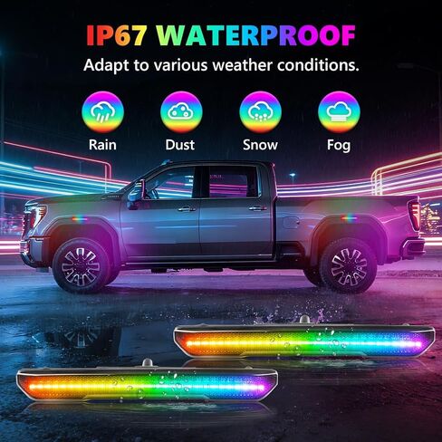 مصابيح علامة جانبية LED RGB كاملة لـ 2020-2025 GMC Sierra 2500HD 3500HD، [4 أوضاع 16 لونًا] مصابيح علامة جانبية RGB متعددة الألوان، مجموعة عدسات مدخنة أمامية وخلفية مع جهاز تحكم عن بعد 24 مفتاحًا، 4 قطع in Kuwait