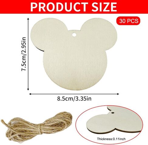 30PCS Unfinished Wood Mouse Head Cutout Embellishments with Natural Twine Gift Tags DIY Craft for Home Party Decoration Craft Project in Saudi Arabia
