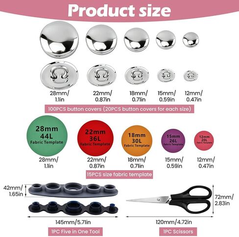 100PCS Cover Button Kit with Tools, DIY Fabric Covered Buttons Set, 5 Sizes, Fabric Template, Tools for DIY Covered Buttons, Clothes, Hats, Sweaters, Backpacks and Crafts in Saudi Arabia