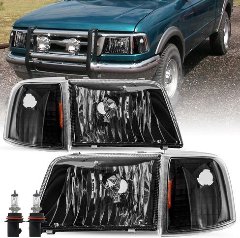 استبدال مجموعة المصابيح الأمامية SOCKIR للمصابيح الأمامية Ford Ranger لعام 1993-1997 + 4 قطع من أضواء الزاوية للركاب وجانب السائق (مبيت أسود مع عاكس كهرماني) in Kuwait