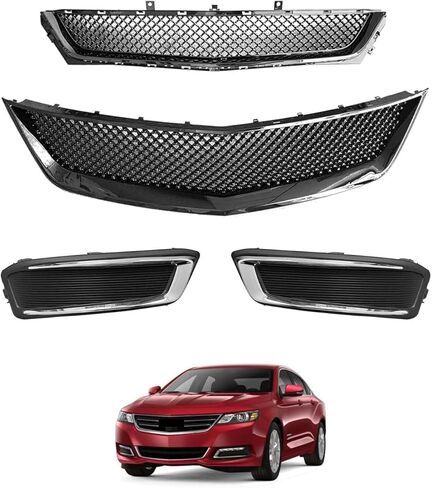 Front Upper & Lower Grille Set With Fog Light Cover For 2014 2015 2016 2017 2018 2019 2020 Chevy Impala LS LT Premier Sedan Grill 4PCS Chrome Silvery+Black in Saudi Arabia