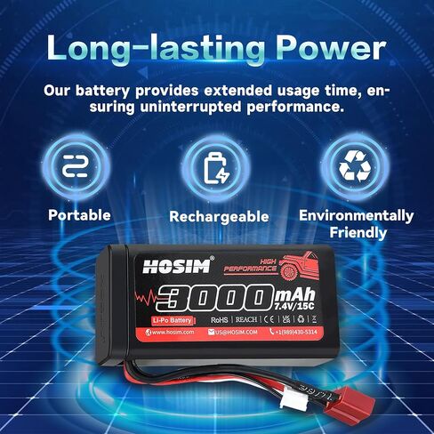 Hosim 2PCS 7.4V 15C 3000mAh Lipo Battery RC Lipo Batteries with 2 USB Chargers & 1 Battery Strap for Brushless RC Car التحكم عن بعد سيارة شاحنة RC قارب البطارية in Kuwait