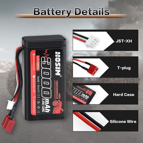 Hosim 2PCS 7.4V 15C 3000mAh Lipo Battery RC Lipo Batteries with 2 USB Chargers & 1 Battery Strap for Brushless RC Car التحكم عن بعد سيارة شاحنة RC قارب البطارية in Kuwait