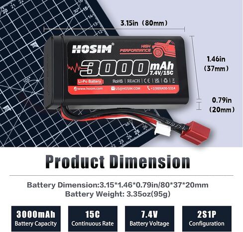 Hosim 2PCS 7.4V 15C 3000mAh Lipo Battery RC Lipo Batteries with 2 USB Chargers & 1 Battery Strap for Brushless RC Car التحكم عن بعد سيارة شاحنة RC قارب البطارية in Kuwait