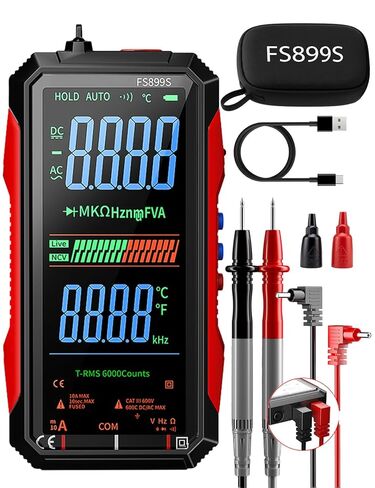 FS899S مقياس متعدد رقمي ذكي، تلقائي صحيح RMS 6000 عدد، مقياس الفولتميتر القابل لإعادة الشحن عبر USB مع شاشة LCD كاملة الألوان، بث صوتي وNCV، اختبار فولت أمبير أوم للسيارات والكهربائيين in Kuwait