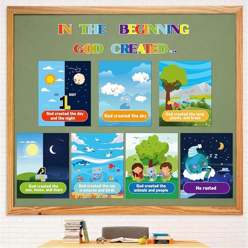 HoniedPepperino 7 Days of Creation Poster - 13.7x11in God Created The World Educational Paper Wall Art for Sunday School Decorations, Back to School Teacher Supplies & Bulletin Board for VBS in Saudi Arabia