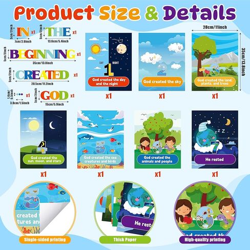 HoniedPepperino 7 Days of Creation Poster - 13.7x11in God Created The World Educational Paper Wall Art for Sunday School Decorations, Back to School Teacher Supplies & Bulletin Board for VBS in Saudi Arabia