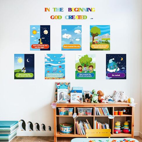 HoniedPepperino 7 Days of Creation Poster - 13.7x11in God Created The World Educational Paper Wall Art for Sunday School Decorations, Back to School Teacher Supplies & Bulletin Board for VBS in Saudi Arabia