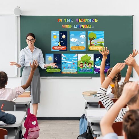 HoniedPepperino 7 Days of Creation Poster - 13.7x11in God Created The World Educational Paper Wall Art for Sunday School Decorations, Back to School Teacher Supplies & Bulletin Board for VBS in Saudi Arabia