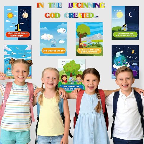HoniedPepperino 7 Days of Creation Poster - 13.7x11in God Created The World Educational Paper Wall Art for Sunday School Decorations, Back to School Teacher Supplies & Bulletin Board for VBS in Saudi Arabia