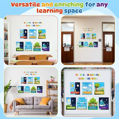 HoniedPepperino 7 Days of Creation Poster - 13.7x11in God Created The World Educational Paper Wall Art for Sunday School Decorations, Back to School Teacher Supplies & Bulletin Board for VBS in Saudi Arabia