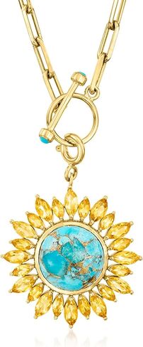 Ross-Simons Turquoise and 2.50 ct. t.w. Citrine Sunflower Toggle Necklace in 18kt Gold Over Sterling. 18 inches in Saudi Arabia
