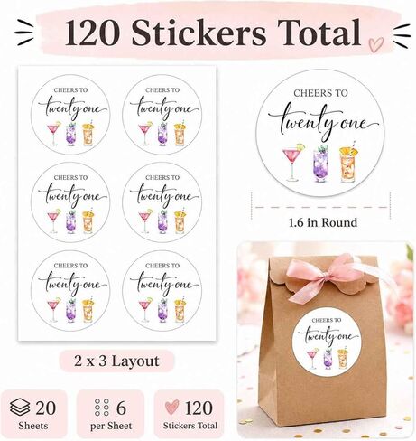 21st Birthday Party Stickers: Cheers to Twenty One Watercolor Drink Labels - Strong Adhesive Matte Paper 120 Pcs 1.6" Round Decals for Envelope Seals, Favor Bags & Cups Decor Supplies in Saudi Arabia