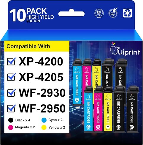 خراطيش حبر معاد تصنيعها لطابعة Epson XP-4200 XP-4205 WF-2930 WF-2950 بديلة لخراطيش حبر إبسون كومبو باك 5 (2 أسود، سماوي، أرجواني، أصفر) in Kuwait