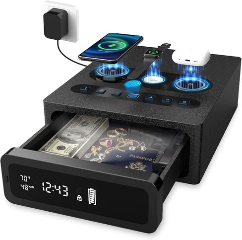 Biometric Gun Safe for Handgun | 0.1S Fingerprint Safe with 3-in-1 Wireless Charging Station, LED Display & Silent Mode, Bedside Pistol Safe for Home Defense, Gift for Gun Owners in Saudi Arabia