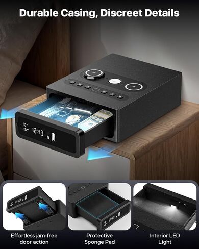 Biometric Gun Safe for Handgun | 0.1S Fingerprint Safe with 3-in-1 Wireless Charging Station, LED Display & Silent Mode, Bedside Pistol Safe for Home Defense, Gift for Gun Owners in Saudi Arabia