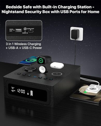 Biometric Gun Safe for Handgun | 0.1S Fingerprint Safe with 3-in-1 Wireless Charging Station, LED Display & Silent Mode, Bedside Pistol Safe for Home Defense, Gift for Gun Owners in Saudi Arabia