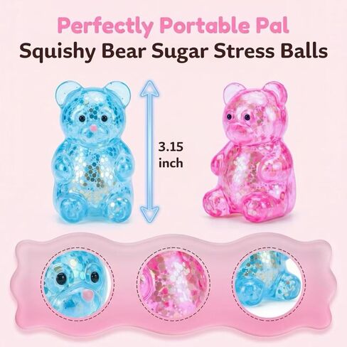 2 Pack Bear Squishy Sugar Fidget Stress Balls, Glitter Colorful Bear Sensory Stress Balls for Anxiety Relief, Animals Squishy Squeeze Balls Fidget Toys for Boys and Girls in Kuwait