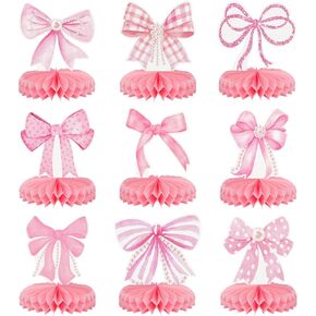 9Pcs Pink Bow Party Honeycomb Centerpieces Decorations, 3D Coquette Birthday Decorations, Pink Bow Table Decor for Birthday Bachelorette Bridal Party in Kuwait