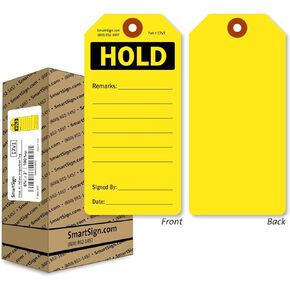 SmartSign 100 عبوة من علامات "Hold" باللون الأصفر الفلورسنت في صندوق، 3 بوصة × 6.25 بوصة، علامات بطاقات سميكة للكتابة على 13pt، فتحة مزدوجة الجوانب، مثقوبة مسبقًا مع رقعة ألياف، للمعدات، وحالة المخزون in Kuwait