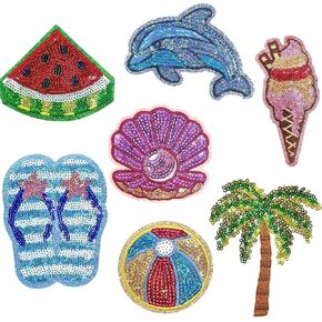 Totelux 7Pcs Summer Iron on Patches Sequins Coconut Tree Watermelon Embroidered Patches Cute Beach Slippers Dolphin Sew on Appliques for Clothes Jeans Hat Shirt Bags DIY Decorations Craft in Kuwait