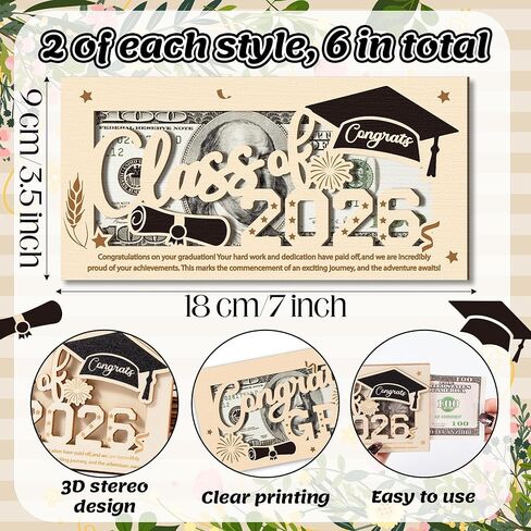 CJiangpo 6Pcs Graduation Money Holder - Class of 2026 Graduation Gifts 3D Wooden Money Envelope Box Congrats Grad Gift for Him Her Card Cash Holder Decor College High School Grads Party Favor Supplies in Kuwait