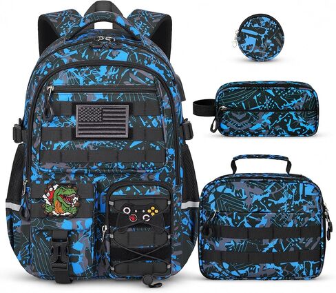 Boys Backpack with Lunch Box Set, 4 PCS Camo School Bookbag for Boys, Blue Camo Elementary Backpack, Large Laptop Backpack for Kids & Teens in Kuwait