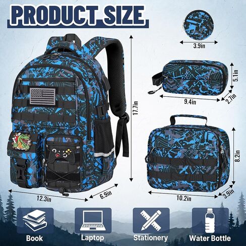 Boys Backpack with Lunch Box Set, 4 PCS Camo School Bookbag for Boys, Blue Camo Elementary Backpack, Large Laptop Backpack for Kids & Teens in Kuwait