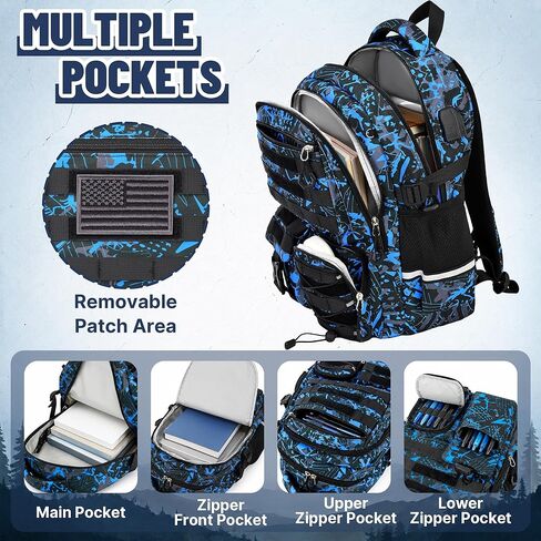 Boys Backpack with Lunch Box Set, 4 PCS Camo School Bookbag for Boys, Blue Camo Elementary Backpack, Large Laptop Backpack for Kids & Teens in Kuwait