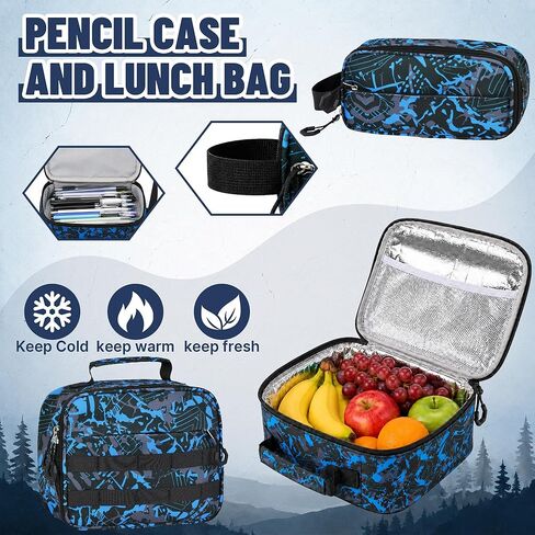 Boys Backpack with Lunch Box Set, 4 PCS Camo School Bookbag for Boys, Blue Camo Elementary Backpack, Large Laptop Backpack for Kids & Teens in Kuwait