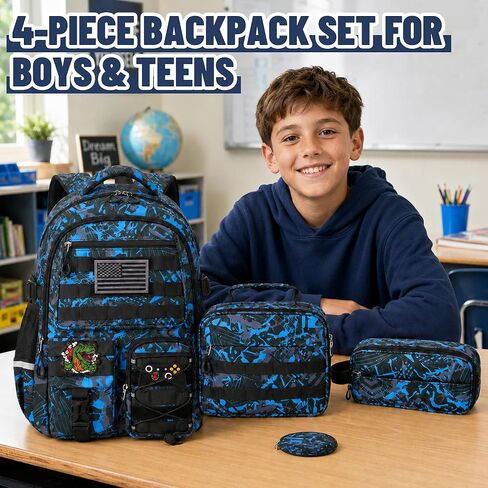 Boys Backpack with Lunch Box Set, 4 PCS Camo School Bookbag for Boys, Blue Camo Elementary Backpack, Large Laptop Backpack for Kids & Teens in Kuwait
