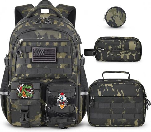 Boys Backpack with Lunch Box Set, 4 PCS Camo School Bookbag for Boys, Blue Camo Elementary Backpack, Large Laptop Backpack for Kids & Teens in Saudi Arabia