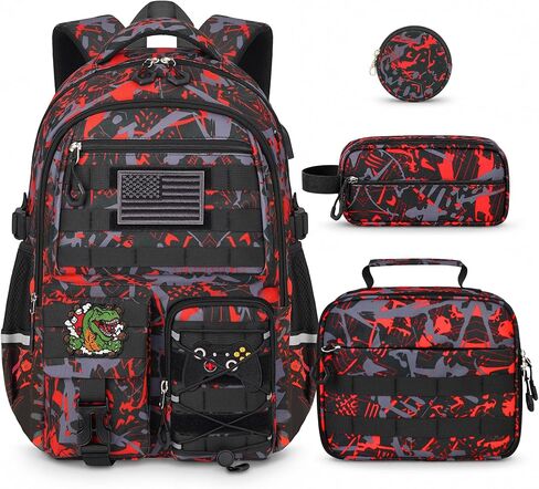 Boys Backpack with Lunch Box Set, 4 PCS Camo School Bookbag for Boys, Blue Camo Elementary Backpack, Large Laptop Backpack for Kids & Teens in Kuwait