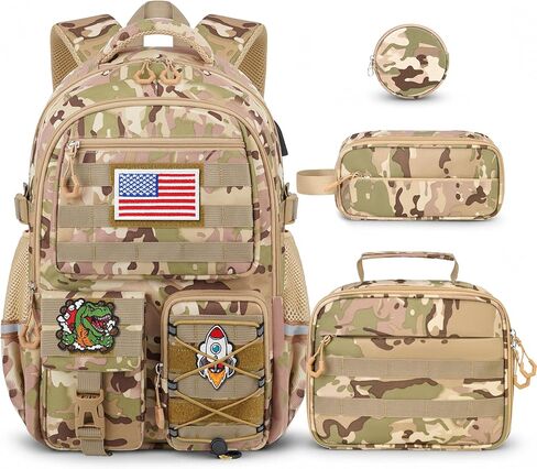 Boys Backpack with Lunch Box Set, 4 PCS Camo School Bookbag for Boys, Blue Camo Elementary Backpack, Large Laptop Backpack for Kids & Teens in Kuwait