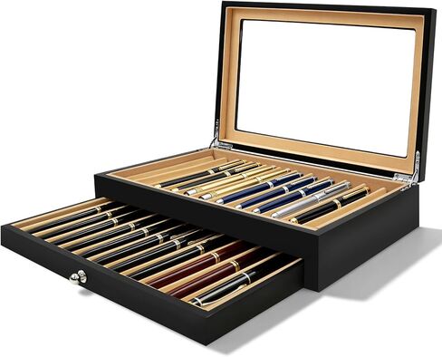 2 Layer Ebony Wood Pen Display Case, Fountain Pen Organizer Box with Clear Acrylic Window, 23 Slot Pen Collector for Home, Office Store, Black in Saudi Arabia