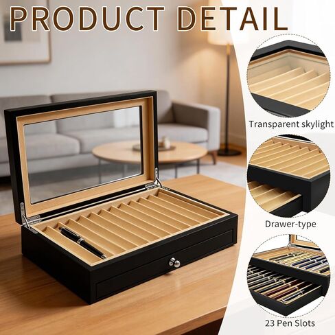 2 Layer Ebony Wood Pen Display Case, Fountain Pen Organizer Box with Clear Acrylic Window, 23 Slot Pen Collector for Home, Office Store, Black in Saudi Arabia