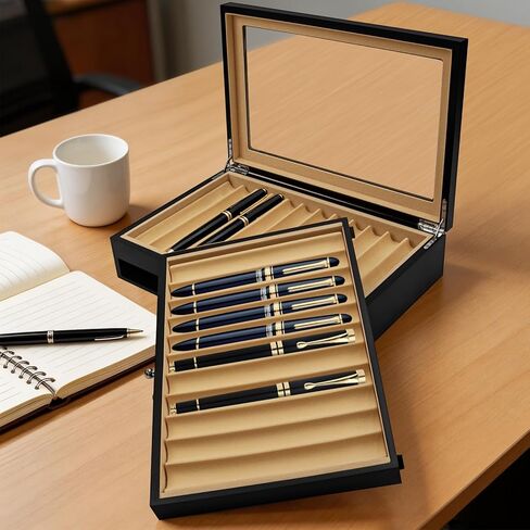 2 Layer Ebony Wood Pen Display Case, Fountain Pen Organizer Box with Clear Acrylic Window, 23 Slot Pen Collector for Home, Office Store, Black in Saudi Arabia