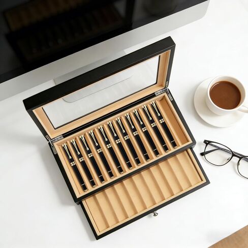 2 Layer Ebony Wood Pen Display Case, Fountain Pen Organizer Box with Clear Acrylic Window, 23 Slot Pen Collector for Home, Office Store, Black in Saudi Arabia