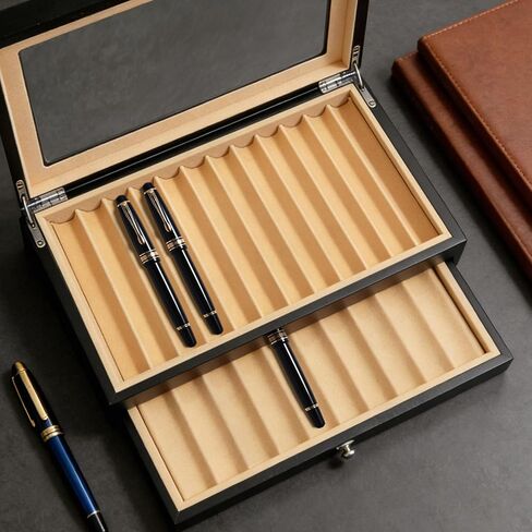 2 Layer Ebony Wood Pen Display Case, Fountain Pen Organizer Box with Clear Acrylic Window, 23 Slot Pen Collector for Home, Office Store, Black in Saudi Arabia
