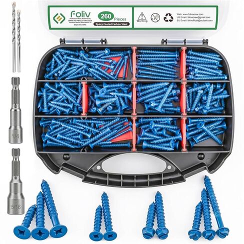 FOLIV 260PCS Concrete Screws with Drill Bit, 1/4 3/16 Concrete Screws Assortment Kit, Flat & Hex Head Masonry Block Brick Cement Screws and Anchors, Diamond Point, Length from 1-1/4" to 2-1/4" in Saudi Arabia