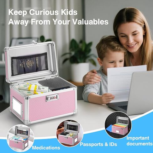 LOCKCURX 11 x 7 x 8.3 Inch Lockable Storage Box with Combination Lock, Portable Safe for Documents, Medicine, Cash & Valuables, Medicine Lock Box with Label Slot for Home, Office & Travel - Pink in Saudi Arabia