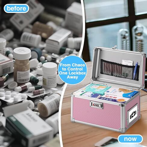 LOCKCURX 11 x 7 x 8.3 Inch Lockable Storage Box with Combination Lock, Portable Safe for Documents, Medicine, Cash & Valuables, Medicine Lock Box with Label Slot for Home, Office & Travel - Pink in Saudi Arabia
