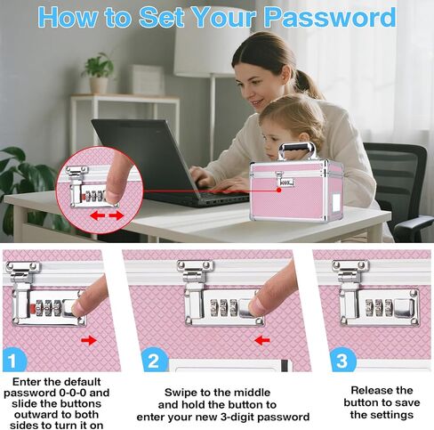 LOCKCURX 11 x 7 x 8.3 Inch Lockable Storage Box with Combination Lock, Portable Safe for Documents, Medicine, Cash & Valuables, Medicine Lock Box with Label Slot for Home, Office & Travel - Pink in Saudi Arabia