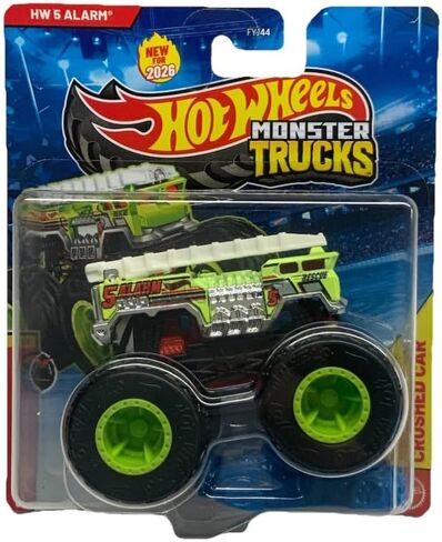إنذار Hot Wheels Monster Trucks 5 [شاحنة إطفاء النيون] Champion Crashers 6/8 - تتضمن السيارة المحطمة! - لعبة سيارة مصبوبة بمقياس 1:64 in Kuwait